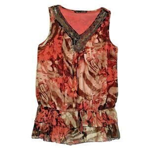 Zac & Rachel peach & brown sleeveless top beaded